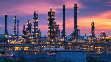Stunning industrial scene showcases illuminated structures against a vibrant sunset. The image highlights the complexity and scale of modern manufacturing operations.の素材