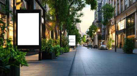 This serene urban street scene captures empty billboards at dusk, surrounded by lush greenery and modern architecture, creating a tranquil atmosphere for evening walks.の素材