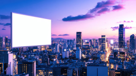 An empty billboard stands against a vibrant urban skyline at sunset, with twinkling city lights below. The scene captures the essence of modern city life.の素材