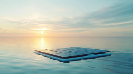 A stunning visual of solar panels floating on calm water during sunrise. This image captures the harmony between technology and nature, showcasing renewable energy.の素材