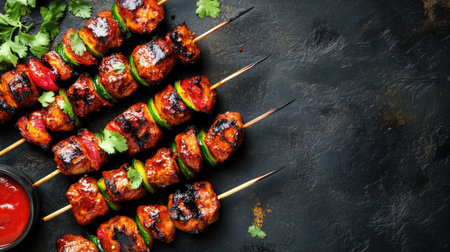 Indulge in these vibrant grilled skewers featuring tender meat and colorful vegetables. Perfect for summer gatherings or outdoor barbecues, this dish is bursting with flavor.の素材