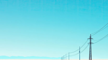 A minimalist view showcasing power lines stretching across a serene landscape. The blue sky and distant mountains create a peaceful atmosphere perfect for various projects.の素材