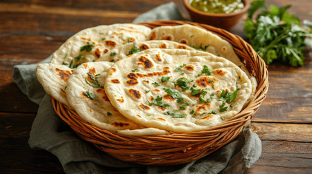 Enjoy a beautiful presentation of freshly baked naan bread with herbs served in a rustic basket, perfect for enhancing any meal or dining experience.の素材