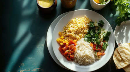 This vibrant rice bowl features fluffy rice paired with fresh vegetables, herbs, and authentic sides, showcasing a healthy and delicious meal option.の素材