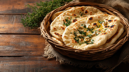 A warm basket of freshly baked flatbreads topped with herbs and olive oil. Perfect for serving at meals or gatherings, this rustic dish adds a delicious touch to any table.の素材