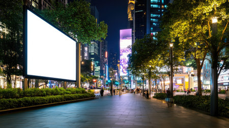 A captivating nighttime cityscape showcasing a blank billboard amidst vibrant urban lights and bustling pedestrians. An inviting place to explore and relax.の素材