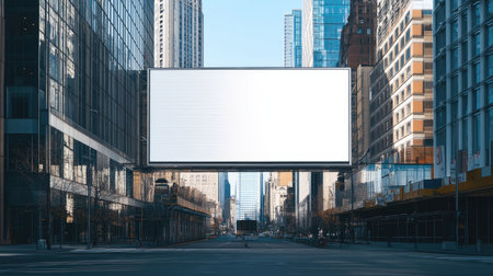 A striking urban scene showcasing a large, empty billboard in the city center, surrounded by modern buildings and a clear sky, creating a serene atmosphere.の素材