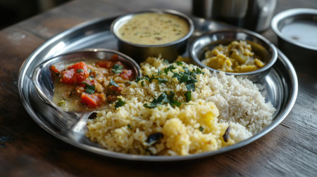 A vibrant traditional South Indian meal served on a stainless steel plate featuring rice, various curries, and seasoned vegetables. Perfect for food photography.の素材
