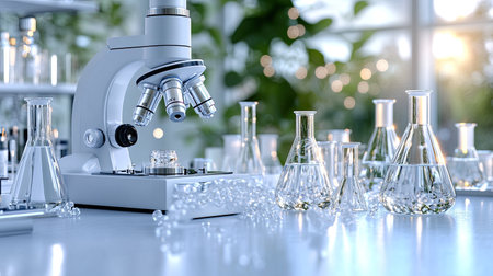 A close-up view of a laboratory microscope surrounded by various glassware, showcasing a blend of technology and nature with soft background lighting.の素材