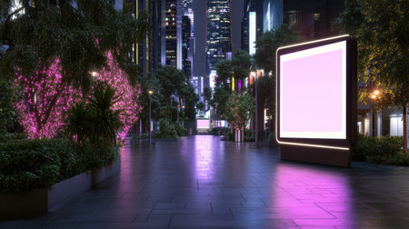 A serene urban pathway at night illuminated by vibrant lights and colorful trees. This modern scene captures the essence of a tranquil city environment.の素材