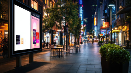 A vibrant urban street scene features digital billboards glowing under evening lights. Empty cafes line the way, creating a modern and inviting atmosphere.の素材