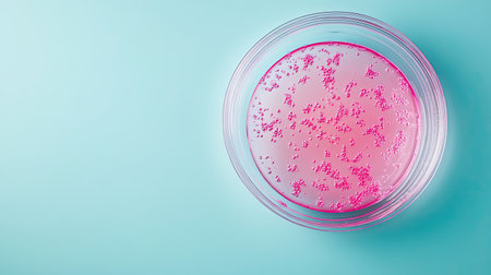 A vibrant pink gelatin dish adorned with colorful sprinkles rests on a soft light blue background, creating a playful and enticing visual perfect for dessert-themed projects.の素材