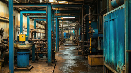 Explore the industrial interior of a factory showcasing machinery, pipes, and various equipment. This image captures a unique perspective of factory operations and engineering.の素材