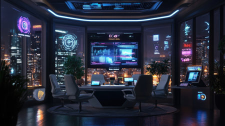 A sleek, modern office interior featuring high-tech digital displays and a stunning city view. Ideal for themes of innovation and technology in a corporate setting.の素材