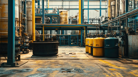 Captivating view of an industrial factory interior showcasing complex machinery and equipment. The vibrant colors and organized layout reflect efficient operations.の素材