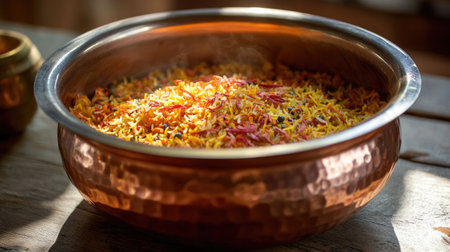 A beautifully presented copper pot filled with aromatic saffron rice, steaming and colorful. This traditional dish showcases rich flavors and culinary heritage.の素材