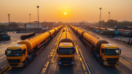A stunning view of an industrial transportation yard at sunset, showcasing trucks and tankers lined up under a vibrant orange sky, symbolizing logistics and delivery.の素材