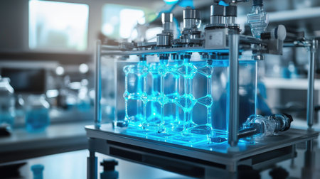 A close-up view of laboratory equipment featuring glass containers illuminated by blue fluorescent light, highlighting the precision in scientific research and experimentation.の素材