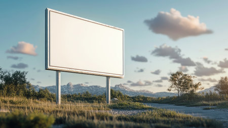 A blank billboard stands in a serene landscape, surrounded by nature, mountains, and clouds. The empty space invites creative advertising opportunities in a tranquil setting.の素材