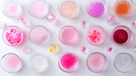 A vibrant display of pink liquids in various glass containers, showcasing bubbles and unique textures. Ideal for artistic and decorative purposes.の素材