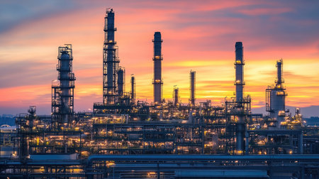 A stunning industrial landscape features a refinery skyline against a colorful sunset. The scene displays towering smoke stacks, intricate machinery, and glowing lights, showcasing the intersection of technology and nature.の素材