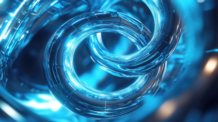 This stunning abstract image features swirling blue neon shapes with captivating glowing effects, perfect for projects needing a modern and artistic touch.の素材