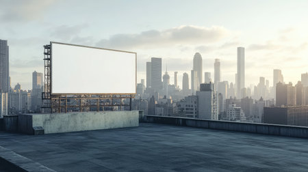 An empty billboard stands on a rooftop, overlooking a vibrant urban skyline at sunrise. The scene offers a unique advertising space against a picturesque city backdrop.の素材