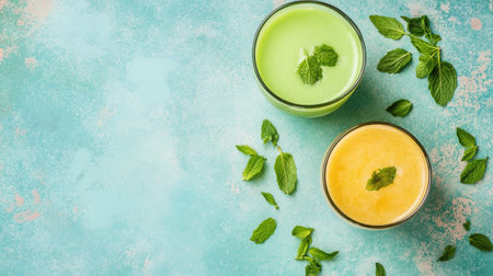 Two vibrant smoothies in glasses, one green and one yellow, garnished with fresh mint leaves, set against a turquoise background, perfect for refreshing summer enjoyment.の素材