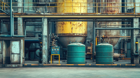A detailed view of an industrial processing facility showcasing large tanks and complex equipment, representing modern manufacturing and production technology.の素材