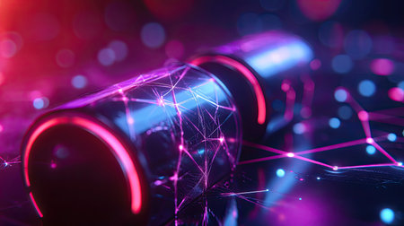 This abstract image features a multicolor cylinder with glowing connections set against a dark background, showcasing a modern fusion of technology and art.の素材
