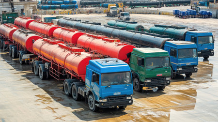 A vibrant scene displaying various trucks parked in an industrial yard under a clear blue sky. The image captures the essence of transportation and logistics in a commercial setting.の素材