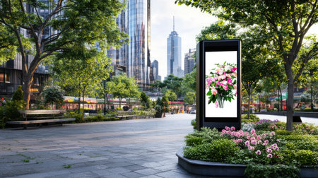 A lively urban park features a digital billboard showcasing a bouquet of flowers, surrounded by lush greenery and modern buildings, creating a serene city atmosphere.の素材