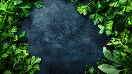 A beautiful arrangement of fresh green herbs framing a dark textured background, perfect for culinary photography or creative food design projects.の素材