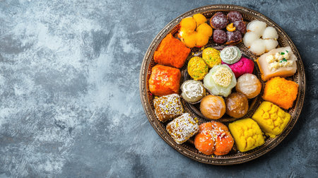 A vibrant assortment of traditional sweets displayed on a decorative plate, showcasing an array of colors and textures perfect for celebrations and festivities.の素材