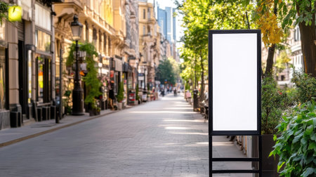 A serene urban street scene featuring a blank billboard in a bustling city center. Lush greenery lines the pathway, inviting pedestrians to explore the vibrant surroundings.の素材