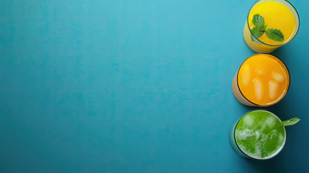 A vibrant display of refreshing summer beverages featuring orange, yellow, and green drinks garnished with mint leaves, perfect for a cooling moment.の素材