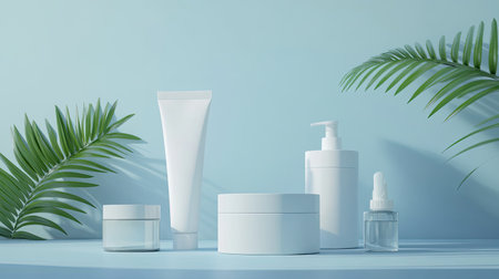Stylish arrangement of skincare products on a light backdrop with lush green leaves, showcasing beauty essentials for wellness and self-care routines.の素材