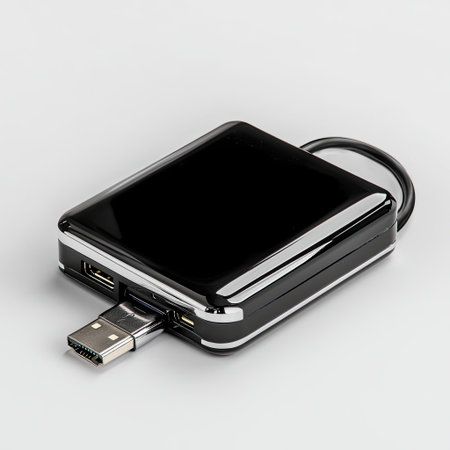 This image features a stylish external hard drive designed with USB connectivity ideal for data storage and backup solutions in modern environments.の素材