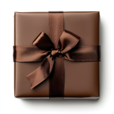 This elegant brown gift box features a beautiful satin ribbon, making it an ideal choice for various celebrations. Its minimalist design enhances any occasion.の素材