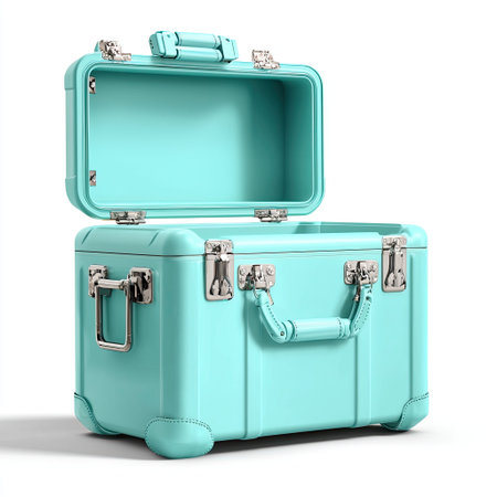 This stylish turquoise hard case box features metallic clasps and a convenient handle, ideal for travel, storage, or organization, adding charm and utility.の素材
