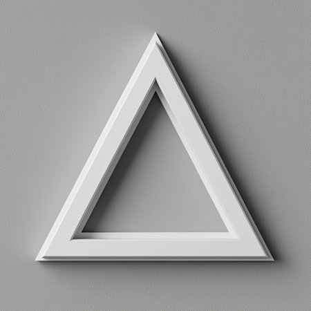 A striking minimalist white triangle frame rests against a soft gray background, showcasing layered design elements that enhance artistic expression.の素材
