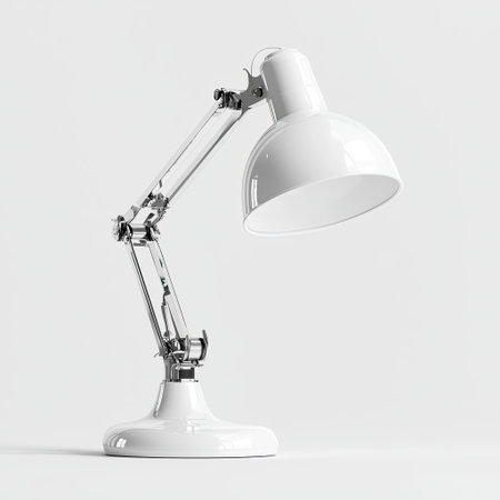 This modern adjustable desk lamp features a sleek white shade and a silver arm, perfect for enhancing workspaces and adding style to home offices.の素材