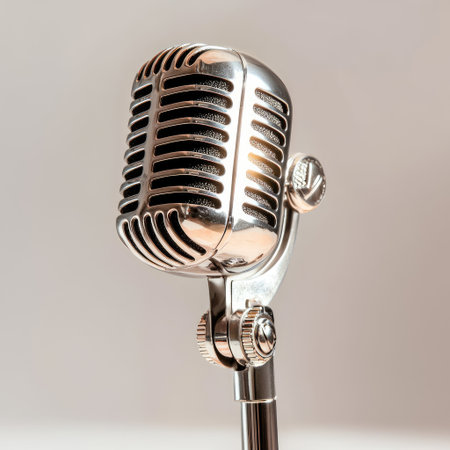 Explore the allure of a vintage microphone with a polished metallic finish, ideal for projects centered around music, performance, and creativity.の素材