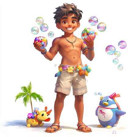 A joyful boy is surrounded by playful animals and colorful toys, exuberantly playing with bubbles in a vibrant summer setting, evoking happiness and fun.の素材