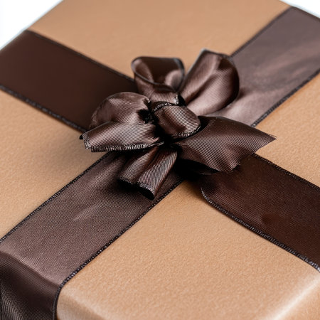 This close-up image features an elegant gift box adorned with a rich brown ribbon, perfect for celebrations and special occasions, adding sophistication to any event.の素材