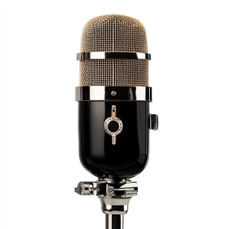 A striking vintage microphone resting on a stand, beautifully designed with a shiny finish and intricate details, ideal for showcasing audio technology.の素材