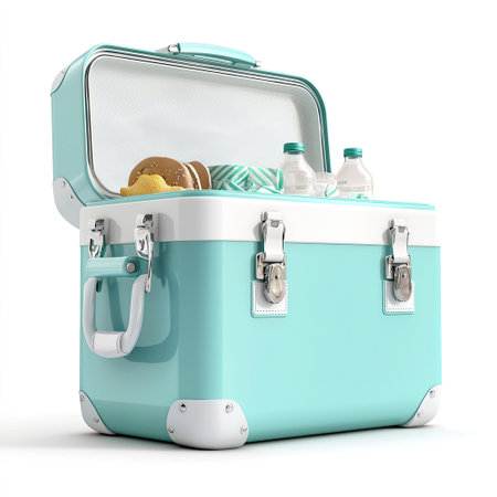 This stylish blue cooler is perfect for summer outings, offering storage for drinks and snacks. Ideal for picnics, camping trips, and beach days.の素材