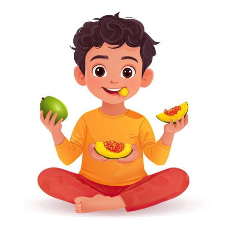 A cheerful young boy sits cross-legged, enjoying fresh fruits like mango and pomegranate. His expressions reflect joy and happiness, emphasizing the delight of healthy snacking. This colorful and vibrant scene captures the essence of childhood wonder and the love for nutritious treats.の素材