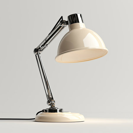 This elegant adjustable desk lamp features a contemporary design with a sleek metal base and a stylish shade, providing warm illumination perfect for any workspace.の素材