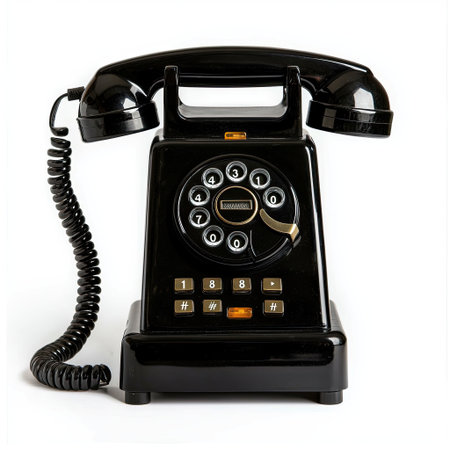 This vintage black rotary telephone with a coiled cord and classic dial captures the essence of nostalgia, perfect for retro-themed dの素材